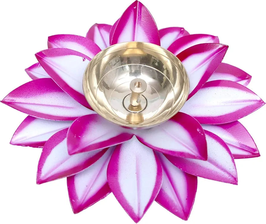 Diya Brass Lotus Kamal Diyas Oil Lamp Stand White Pink