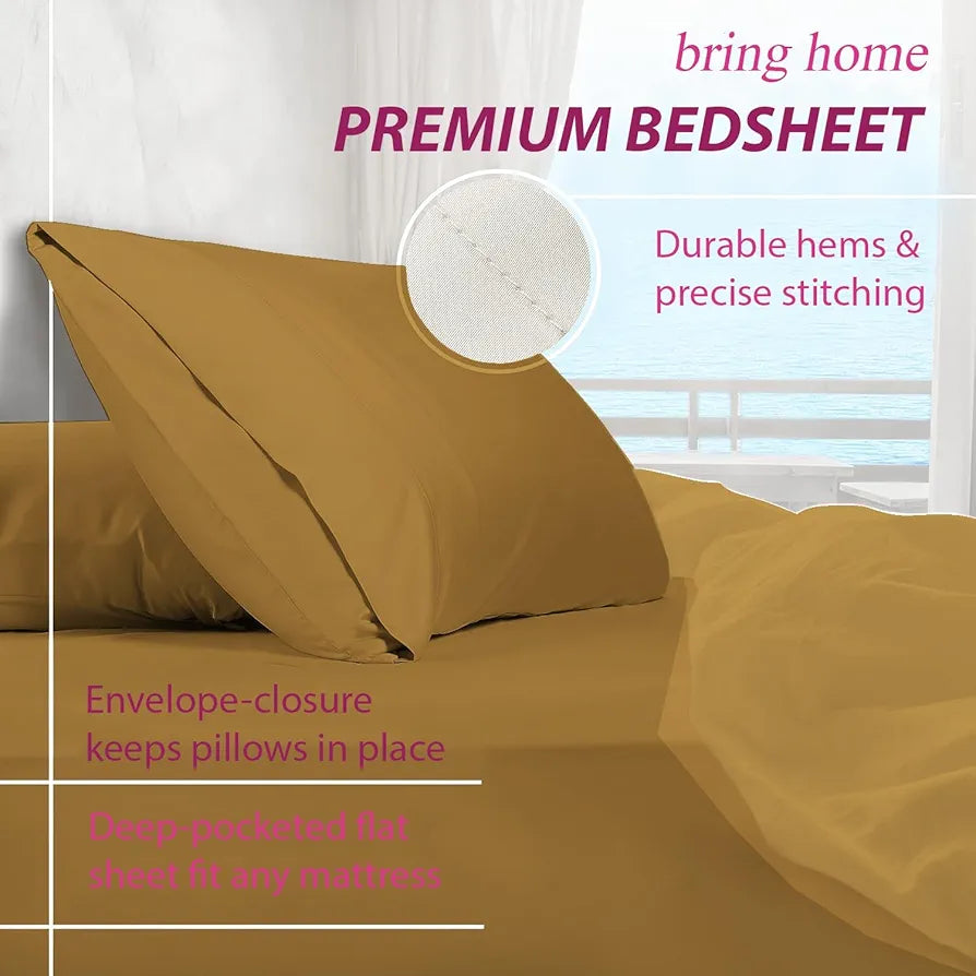 Trance Home Linen 300TC Pure 100% Cotton Queen Fitted Bedsheet with 2 Pillow Covers Colour Gold