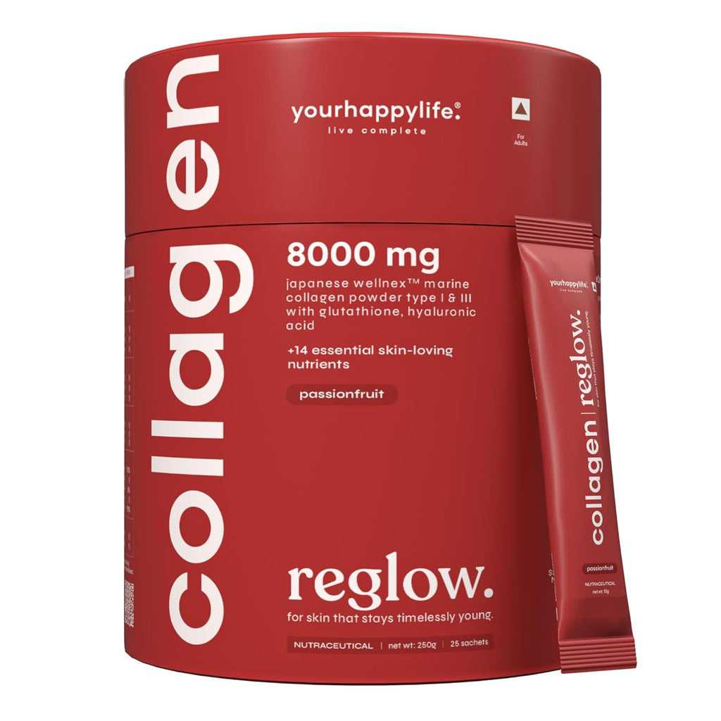 YourHappyLife Reglow Marine Peptide Collagen Supplements Powder For Women & Men - Type 1 & 3 For Healthy Skin, Hair & Nails | 8000mg of Premium Collagens with Glutathione, NAC, Biotin, Hyaluronic Acid -250 gm