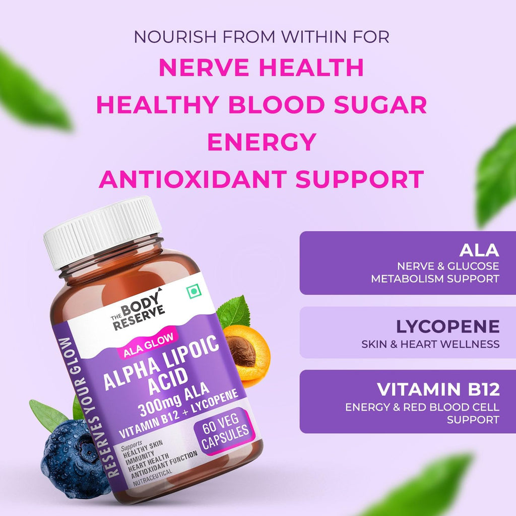 The Body Reserve Alpha Lipoic Acid 300mg with Lycopene & Vitamin B12 | Nerve Health, Energy, Antioxidant & Healthy Blood Sugar Support | Vegan, Non-GMO, 60 Tablets