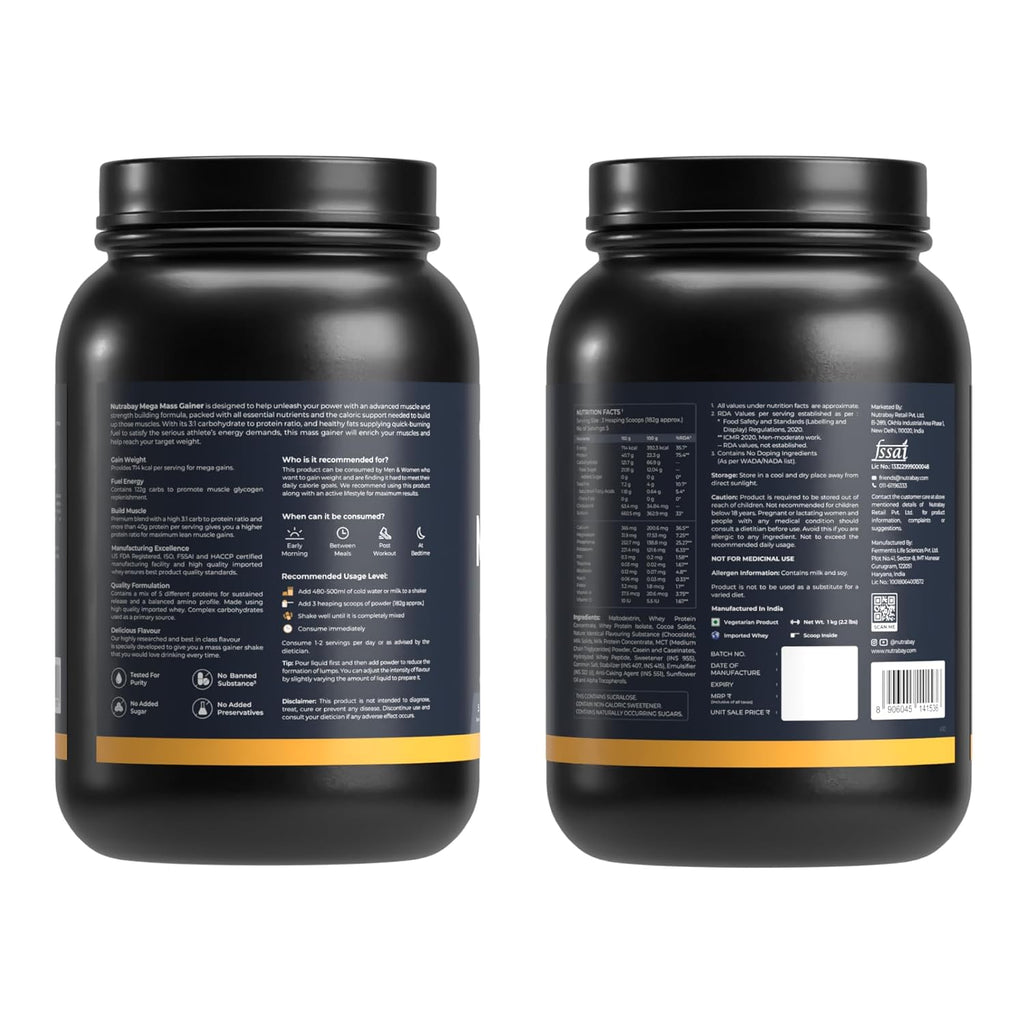 Nutrabay Gold Mega Mass Gainer Powder - 1kg, Rich Chocolate Creme | 100% Veg | 40.7g Protein, 122g Carbs, 714 Calories | Muscle Building & Weight Gainer Supplement for Men & Women