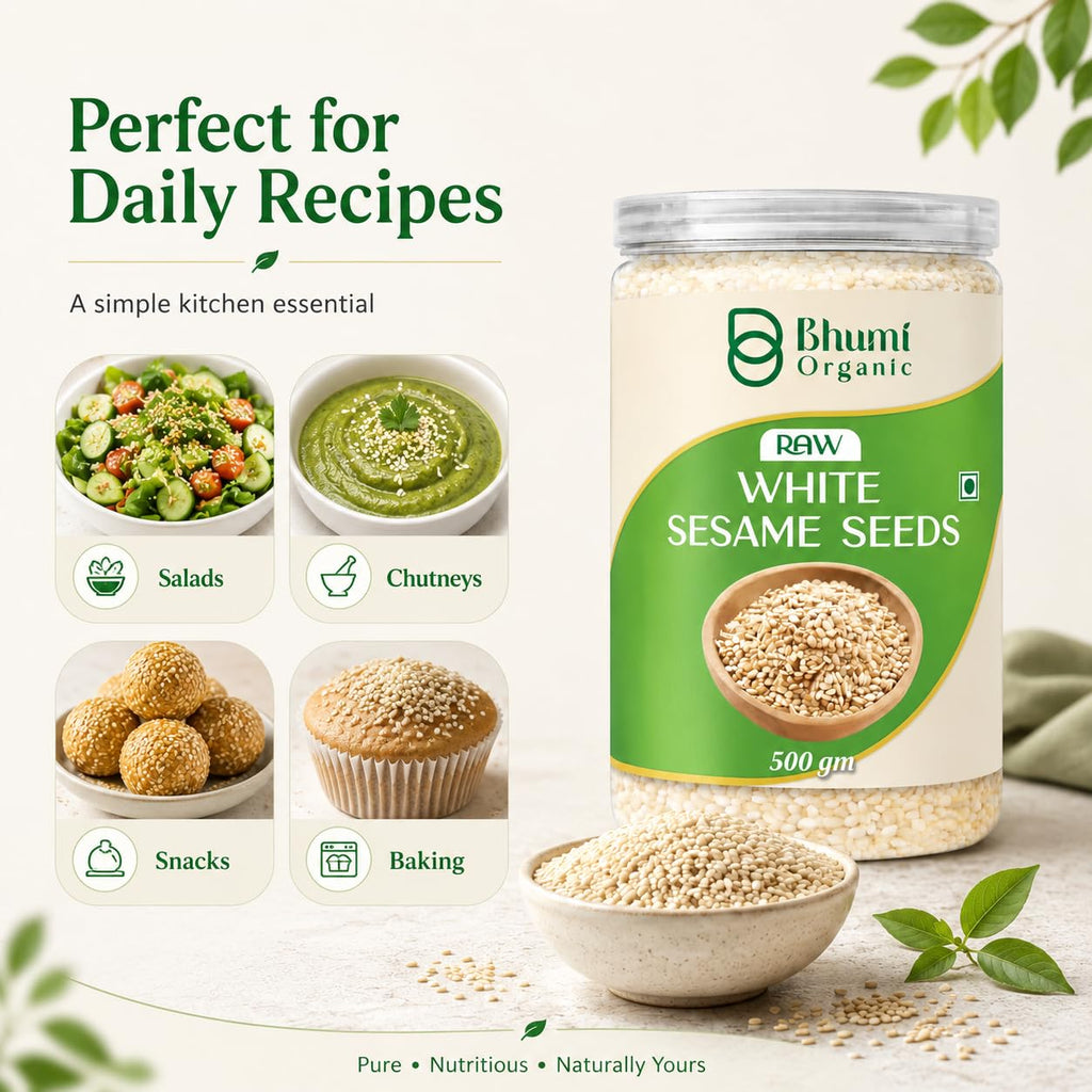 Bhumi Organic Raw White Sesame Seeds 500gm | 100% Clean and Natural White Til, Safed Til Seeds for Eating, Non-GMO, Antioxidant Rich