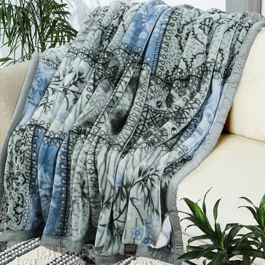 Homekart Super Soft Cloudy Printed Double Bed Blanket for Heavy Winter Single Ply Mink Blanket King Size TC 400 Grey & Blue