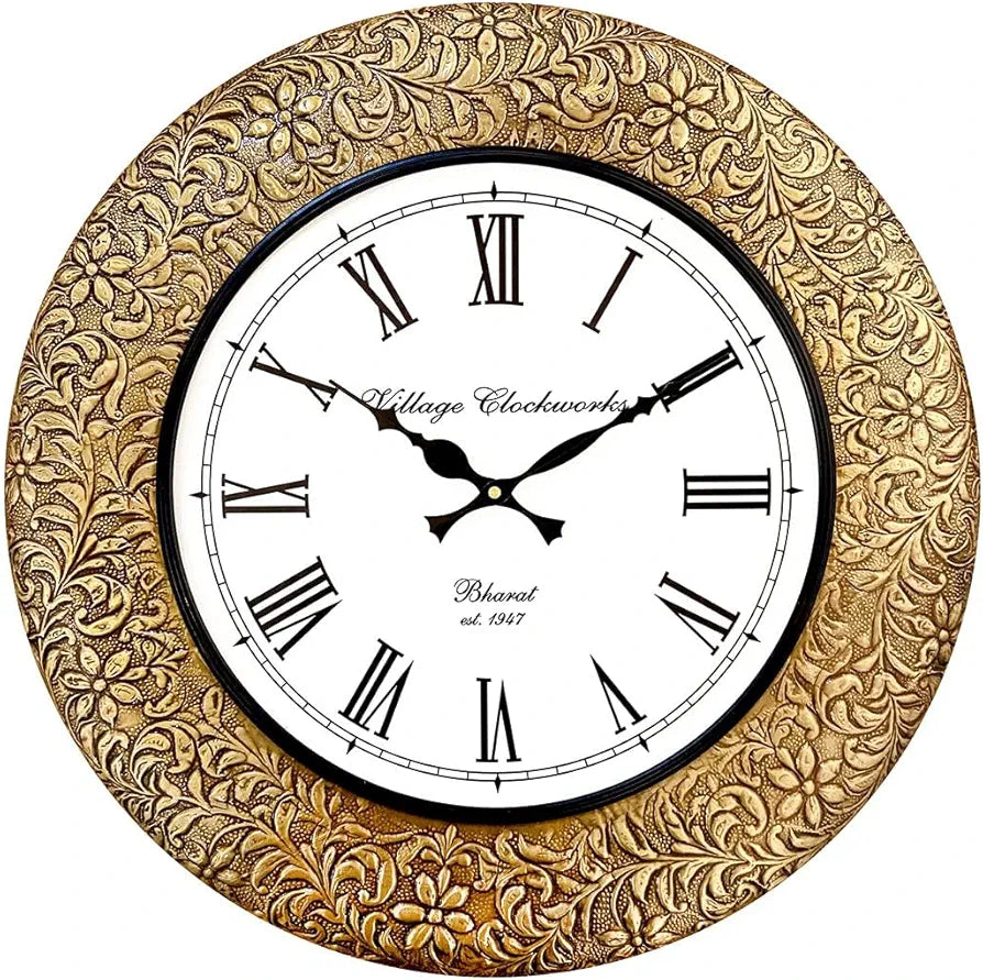 RoyalsCart Emboss Metal Analog Wall Clock Size - 16 X 16 Inches [Ktwc255] Gold Emboss Metal