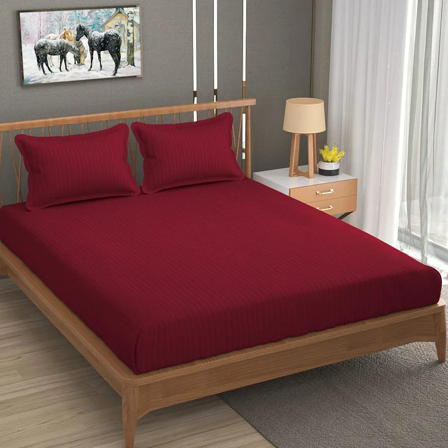 Homefab India 160 TC Stripe Glace Cotton Double BedSheet with 2 Pillow Covers Maroon