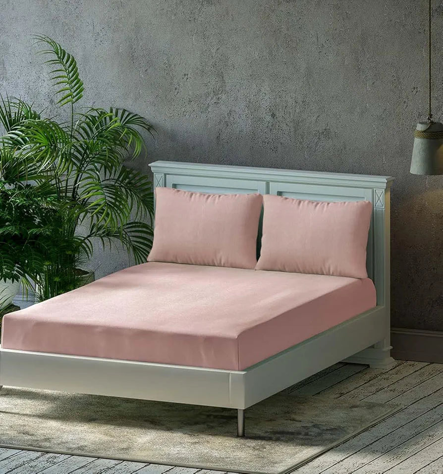 Trance Home Linen Premium 300 TC Pure 100% Cotton King Fitted Bedsheet with 2 Pillow Printed Covers Colour Blush