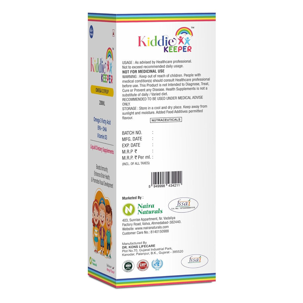 Omega-3 Fish Oil Syrup for Kids 4+ Years | DHA & EPA with Vitamin D3 | Mango Flavoured Liquid Supplement | No Added Sugar, No Preservatives | 200 ml