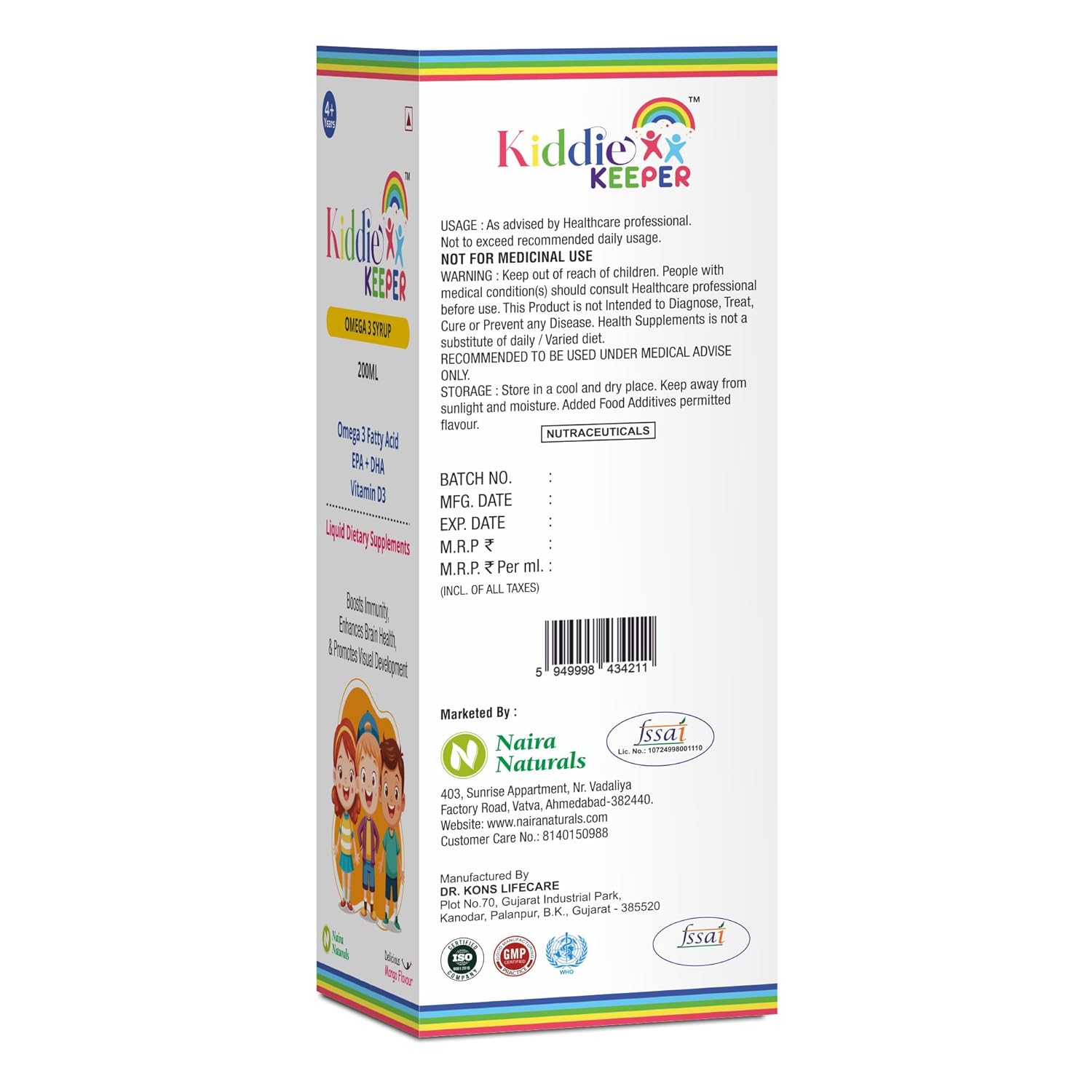 Omega-3 Fish Oil Syrup for Kids 4+ Years | DHA & EPA with Vitamin D3 | Mango Flavoured Liquid Supplement | No Added Sugar, No Preservatives | 200 ml