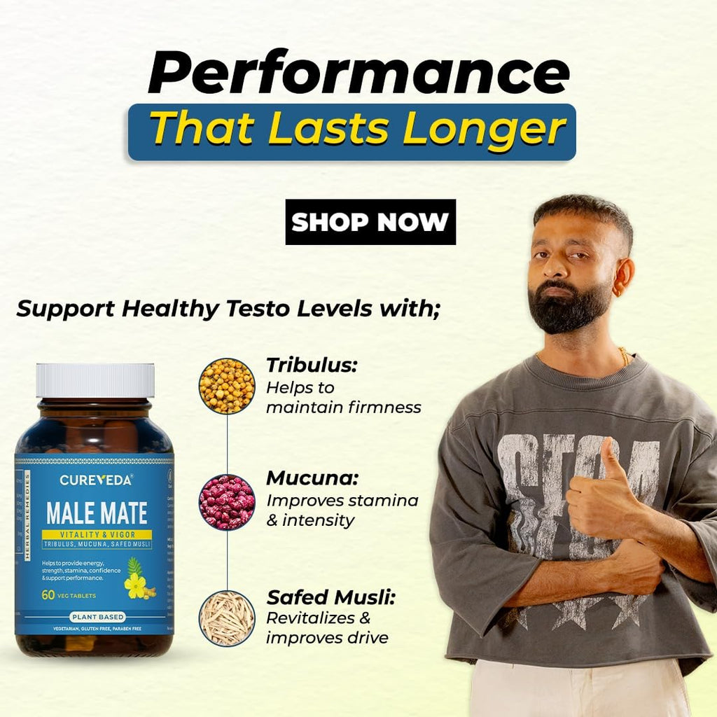 Cureveda Herbal Male Mate | Testosterone Support Supplement For Men | Tribulus, Mucuna, Safed Musli | 60 tab