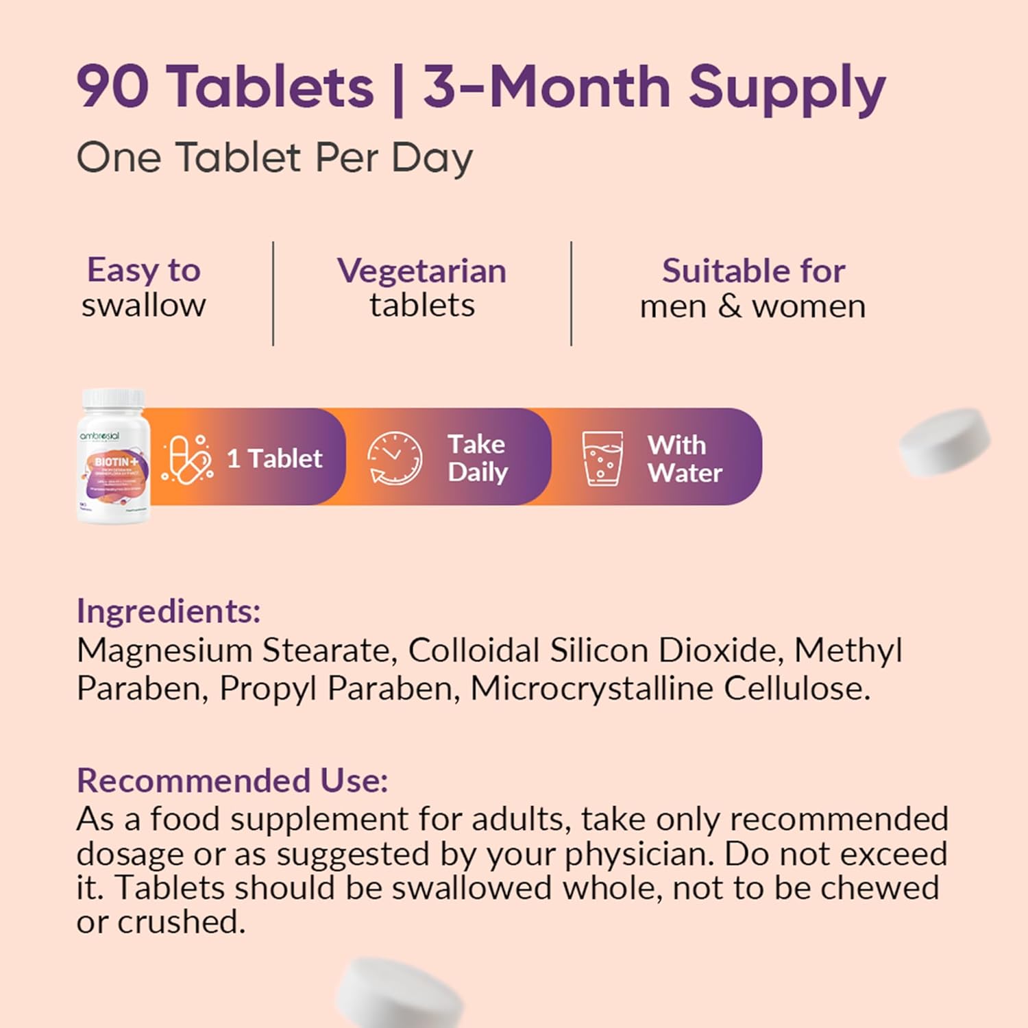 Ambrosial Biotin Tablets with Amla, Brahmi & Bamboo Extract | Plant-Based Biotin Supplement for Hair, Skin & Nails | Vegetarian Formula â€“ 90 Tablets