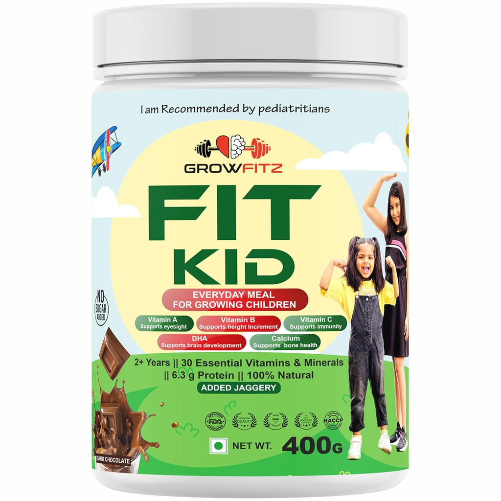 Growfitz FitKid | Natural Healthy Everyday Meal for Kids 2-18 | No Added Sugar | Supports Bone Strength, Immunity, Brain Development | 6.3g Protein | Almonds, Walnut, Ragi, Bajra (400g, Chocolate)