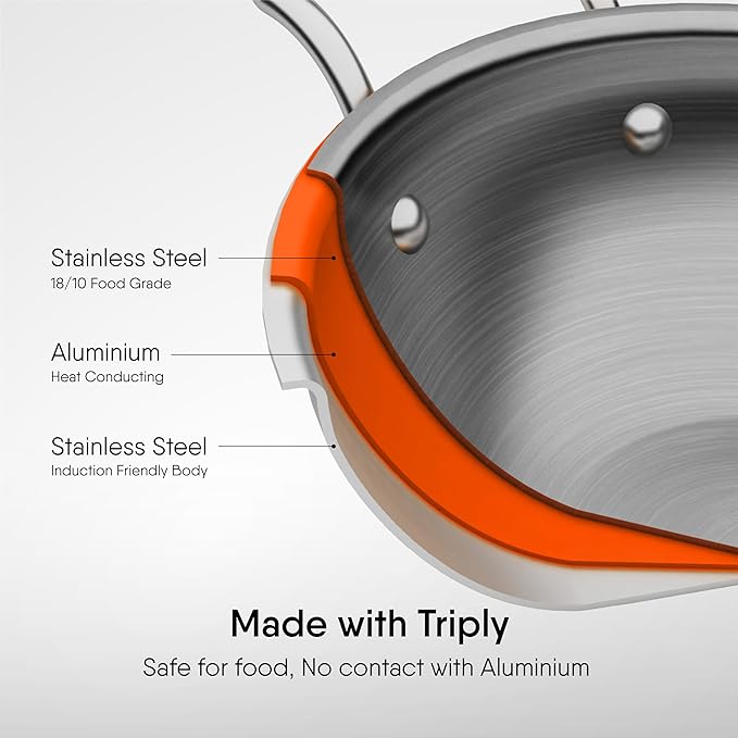 Stahl Artisan Triply Stainless Steel Round Bottom Kadhai With Lid | Extra Deep Kadai | 2.3 L | 22 Cm