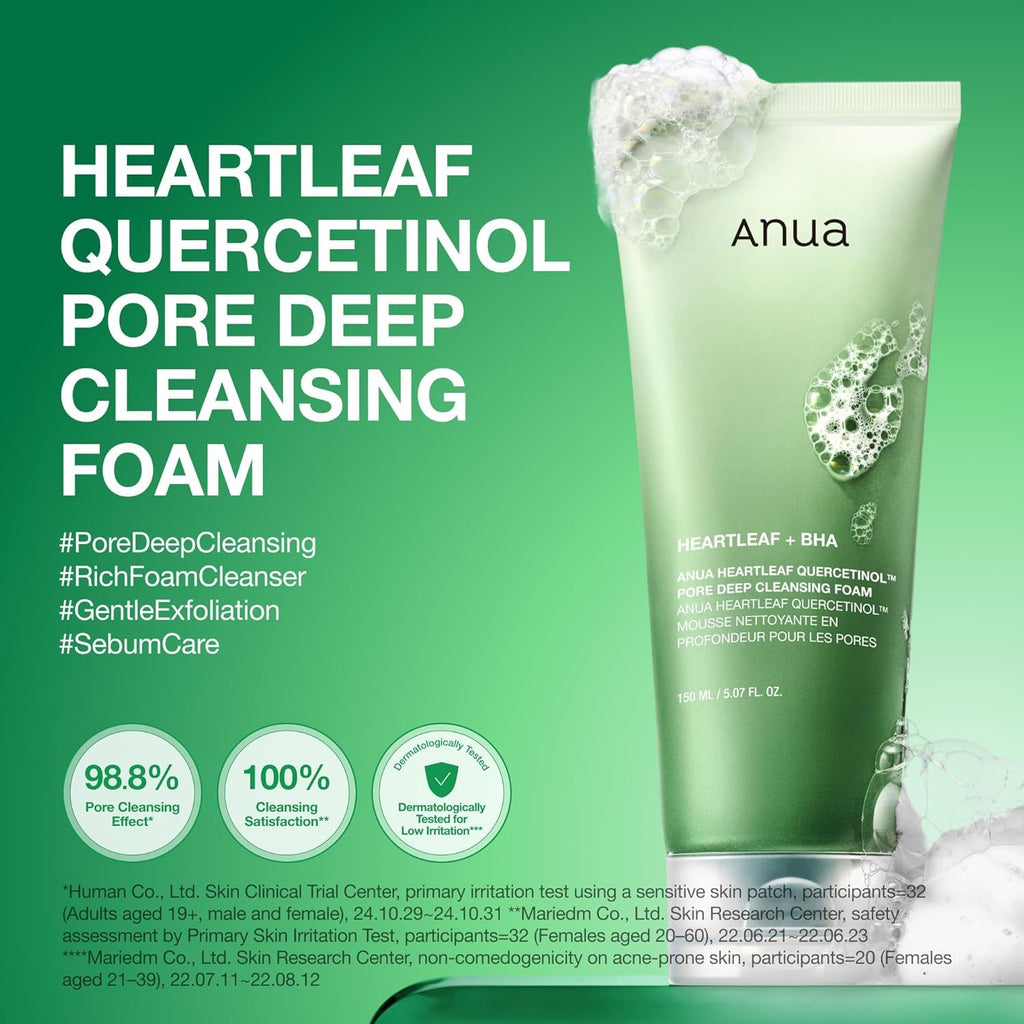 Anua Heartleaf Quercetinol Pore Deep Cleansing Foam, Facial Cleanser, for Double Cleansing, BHA, Hyaluronic Acid, Glycerin, Face Wash, Blackhead Remover, Korean Skincare