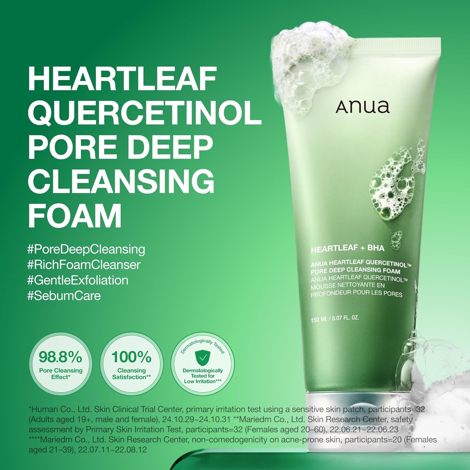 Anua Heartleaf Quercetinol Pore Deep Cleansing Foam, Facial Cleanser, for Double Cleansing, BHA, Hyaluronic Acid, Glycerin, Face Wash, Blackhead Remover, Korean Skincare