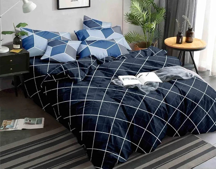 The Home Style Cotton Feel Glace Cotton Printed Double Bed Bedsheet With 2 Pillow Cover 300 TC Navy Blue
