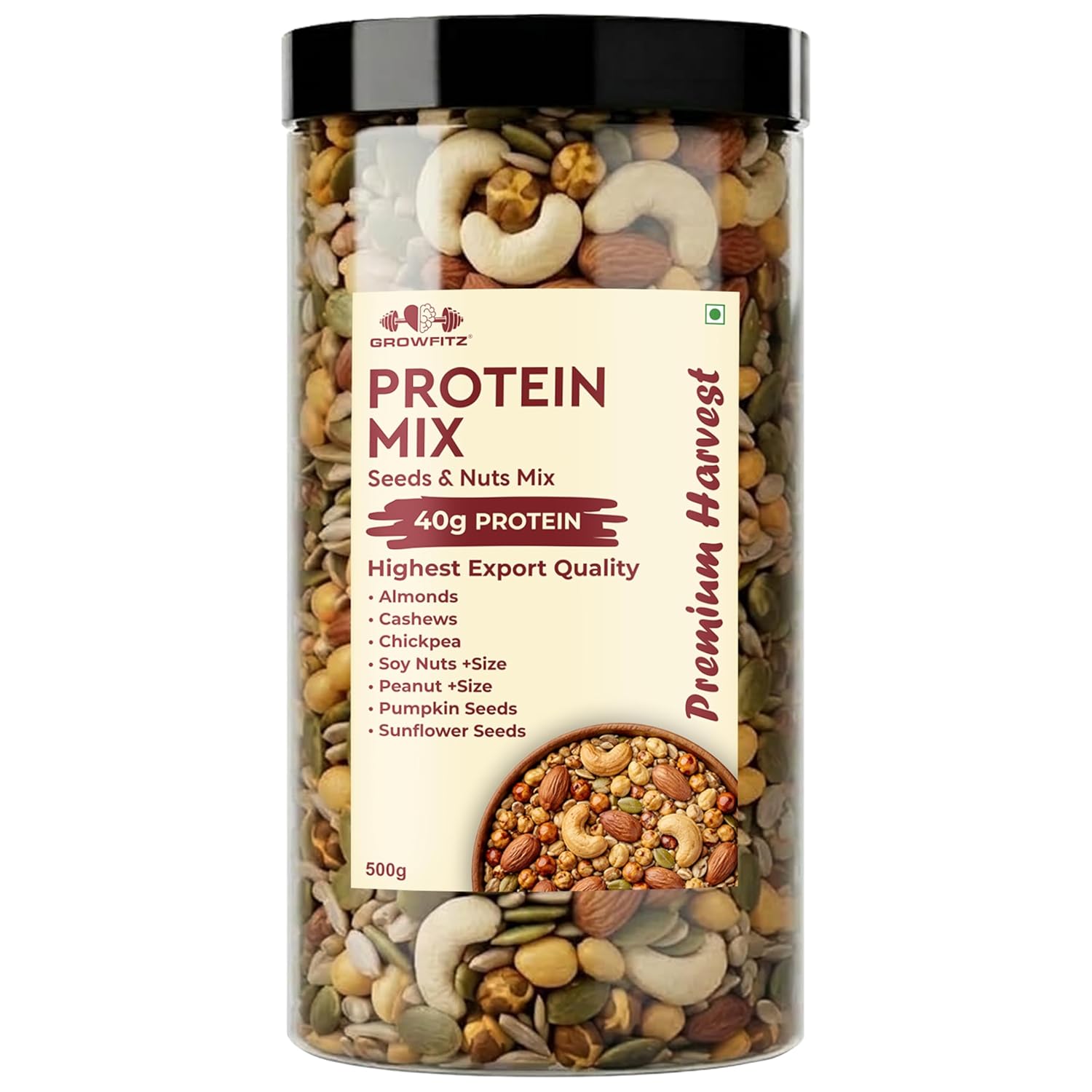 Growfitz Protein Crunch Seeds & Nuts Mix, 500g | 40g High Protein | Air Roasted Almonds, Cashews, Chickpeas, Soy Nuts, Peanuts, Pumpkin & Sunflower Seeds | 0% Sugar | Export Quality Healthy Snack