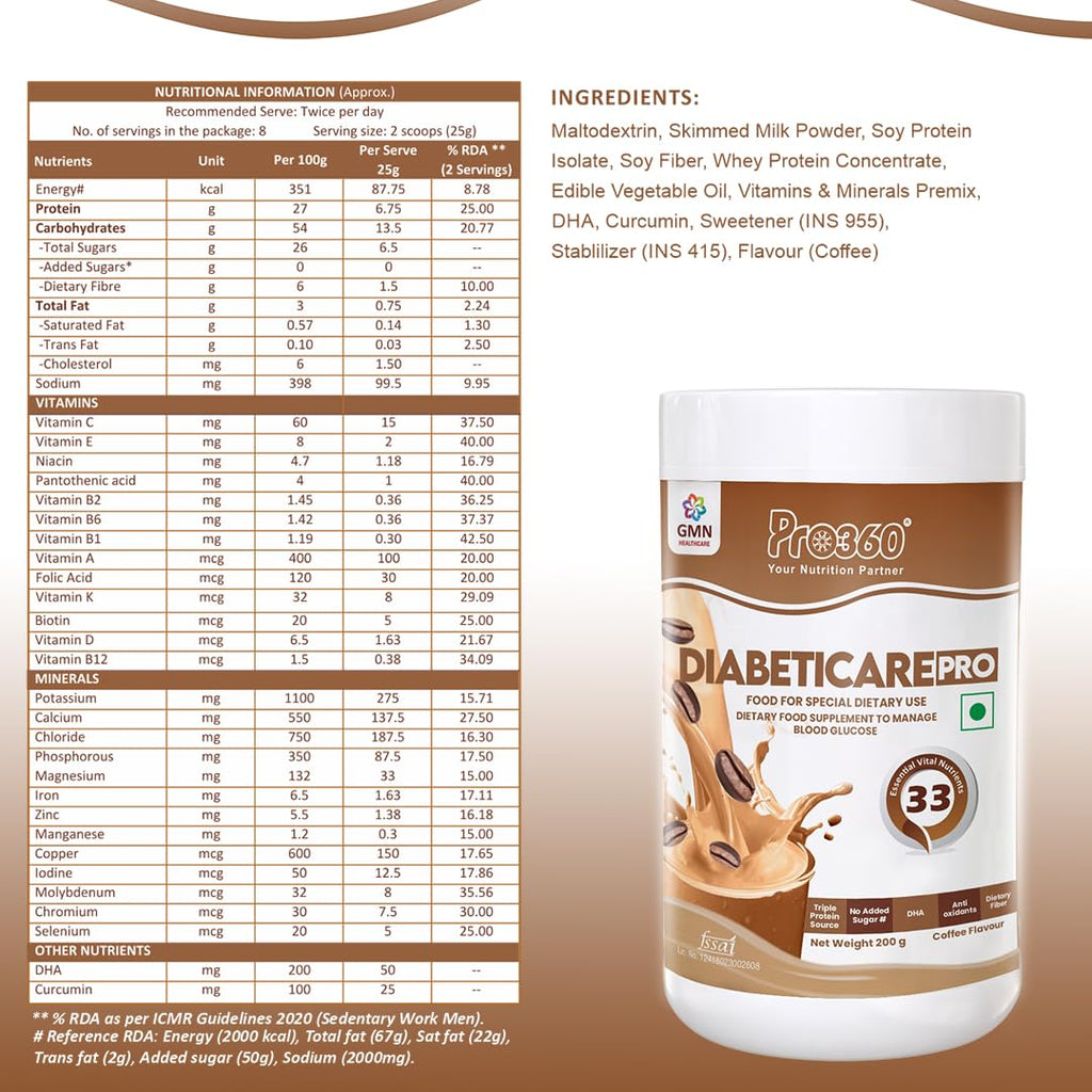 Pro360 Diabeticare Pro Protein Powder for Diabetic Nutrition Supplement for Diabetes Care Helps in Managing Glucose Levels - Zero Added Sugar - Coffee Flavour 200gm