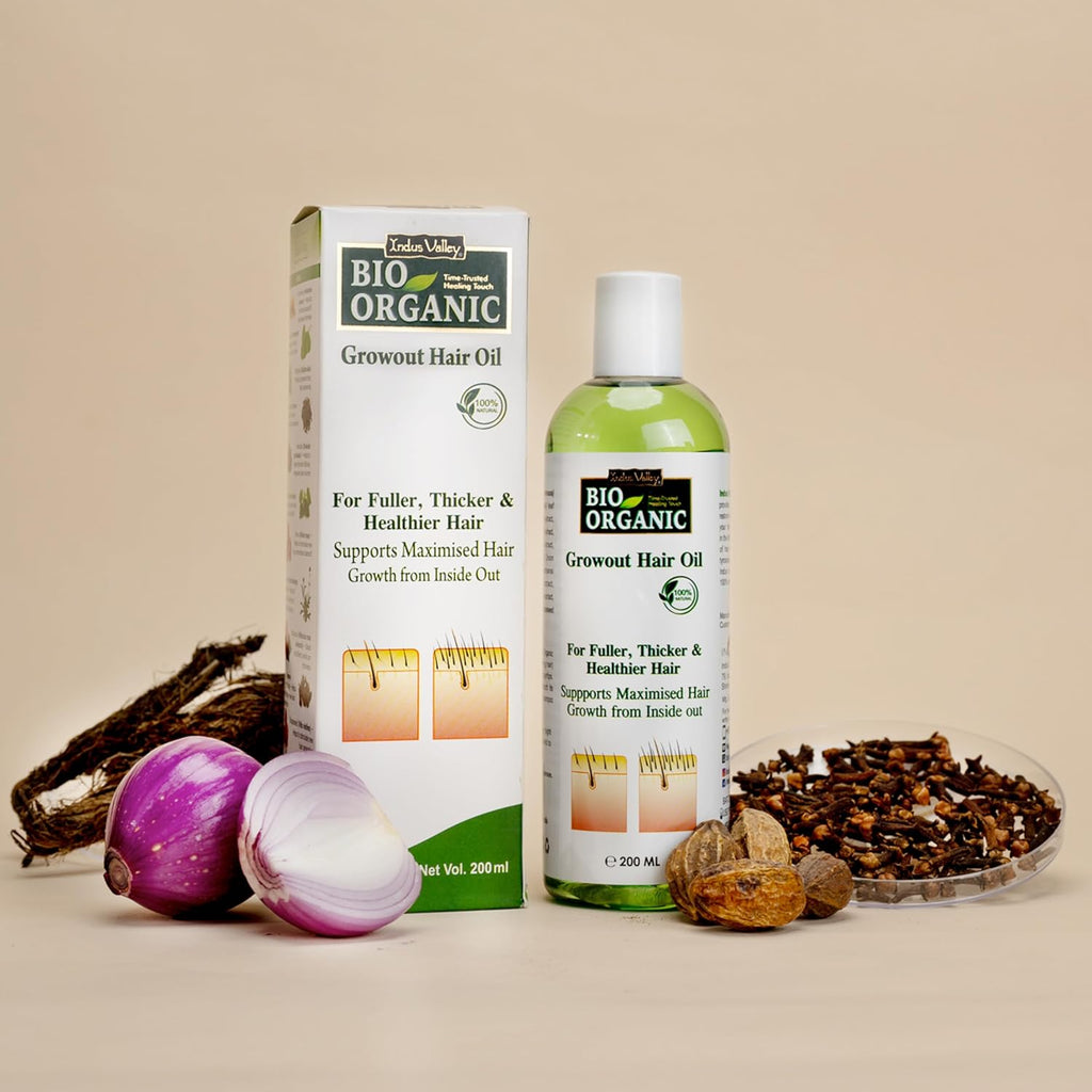 INDUS VALLEY Bio Organic 100% Organic Growout Hair Oil Combats Dandruff, Flaky scalp, Frizz and Split Ends (200ml)