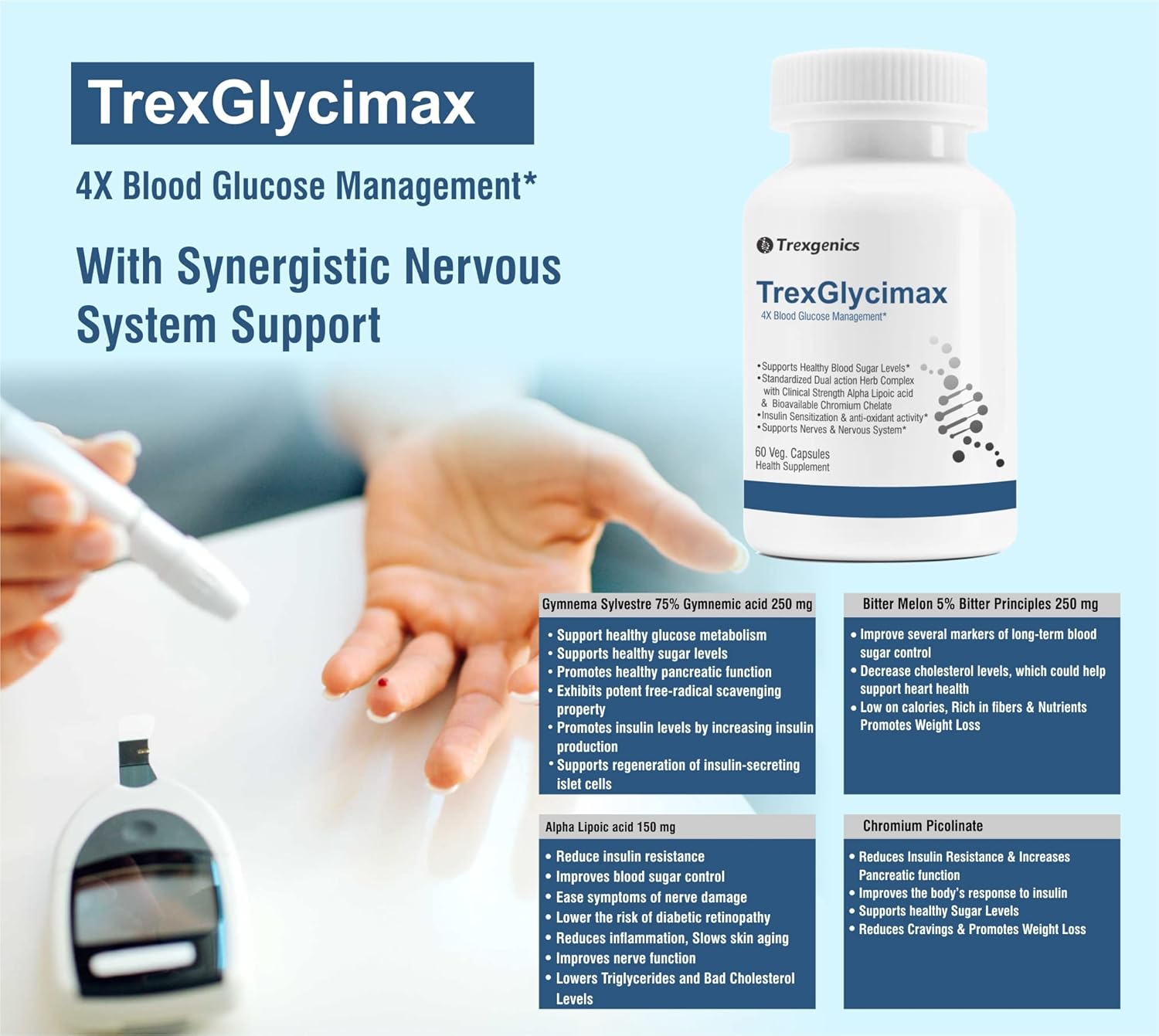 TrexgenicsÂ® TREXGLYCIMAX 4X Sugar level + Nerve Antioxidant Support with Gymnema Sylvestre 75% 250mg, Bitter Melon 5% 250mg, Alpha Lipoic acid 150mg & Chromium Picolinate (60 Veg. Capsules)