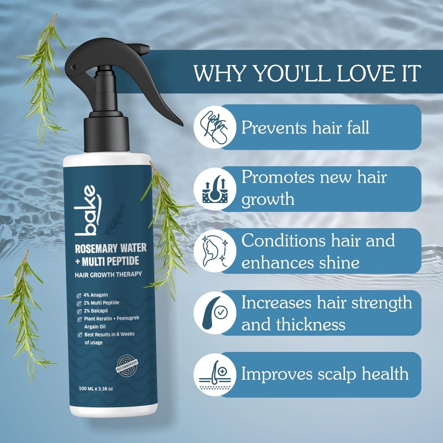 BAKE Rosemary Water Hair Growth Spray with Multi Peptides for Hair Fall Control & Hair Growth | 4% Anagain, 2% Baicapil, Plant Keratin | For Keratin Treated & Damaged Hair | 100ml