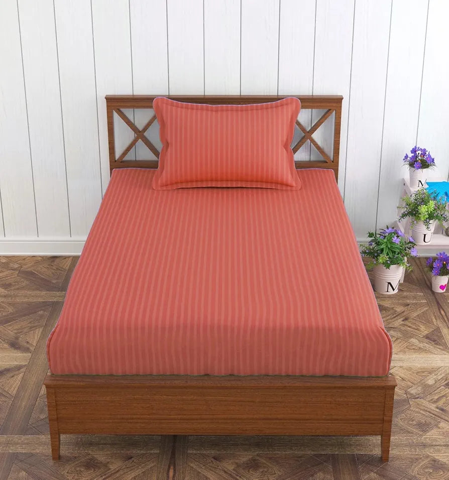 Trance Home Linen 100% Cotton 78x36 inch Single Fitted 200TC Satin Stripe Elastic Fitted Bedsheet with 1 Pillow Covers Colour Copper Rust