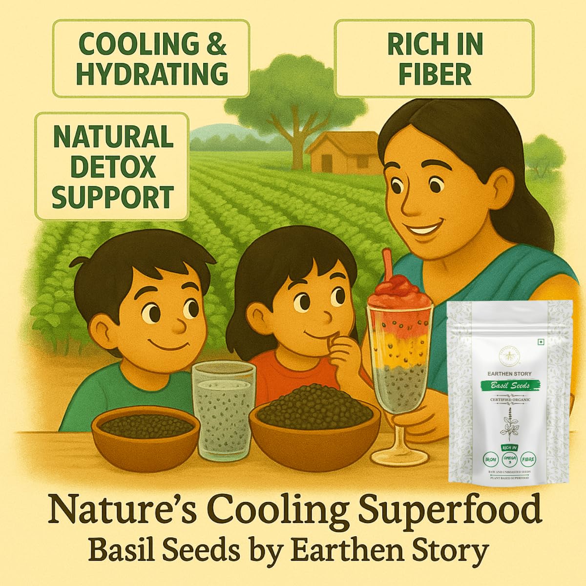 Earthen Story Organic Sabja Seeds 250g | Raw Basil Seeds | Rich in Omega-3, Fiber & Plant Protein | Gluten-Free Superfood for Digestion & Hydration