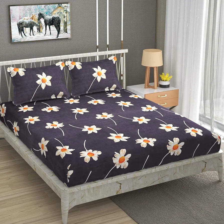Homefab India 180 TC Microfiber Double BedSheet with 2 Pillow Covers Dark Grey Floral