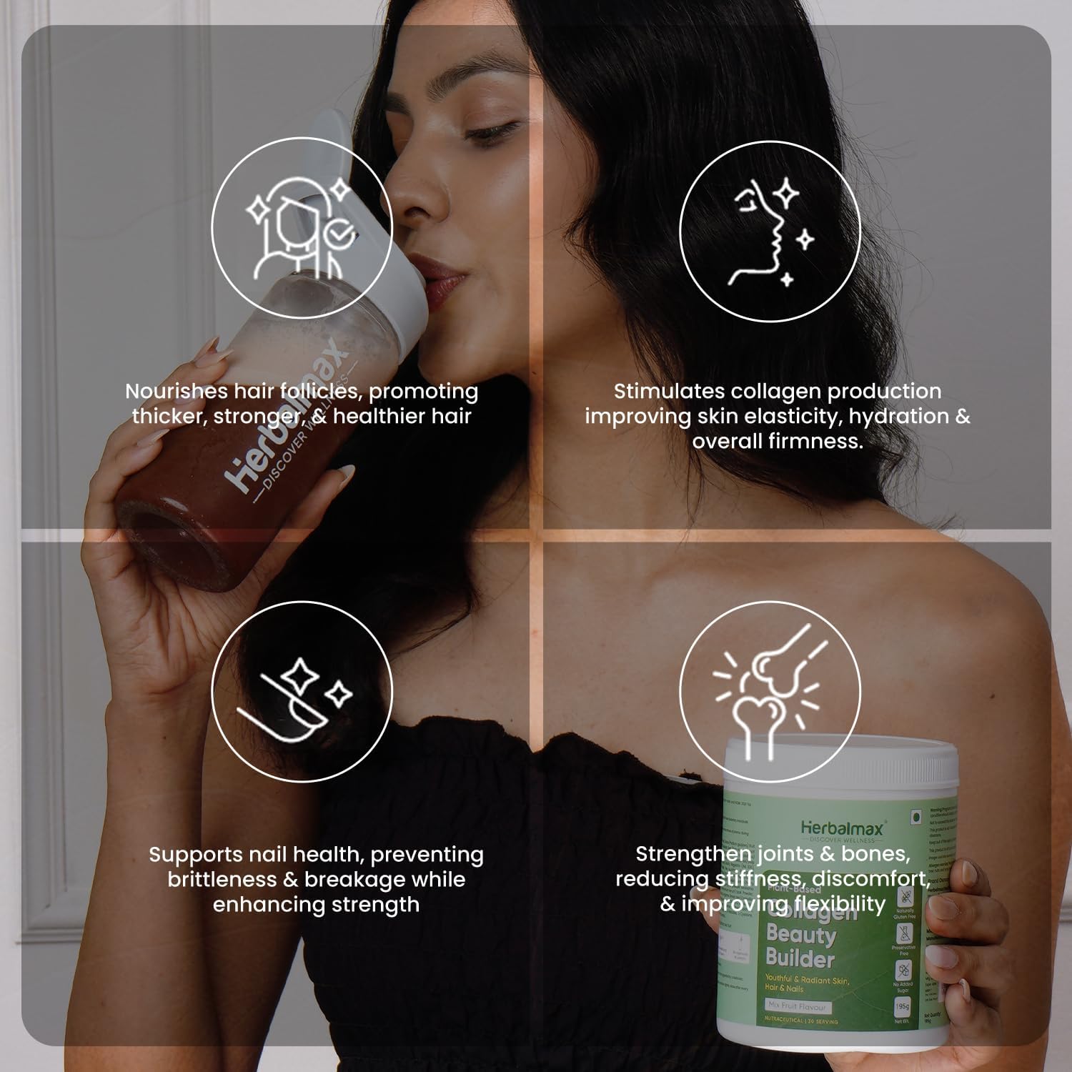 Herbalmax 100% Veg Collagen Beauty Builder 97.5g Plant-Based Collagen Supplement for Hair, Skin, Nails & Joints | With Vitamin C & E | Mixed Fruit Flavour | Naturally Gluten-Free & No Added Sugar