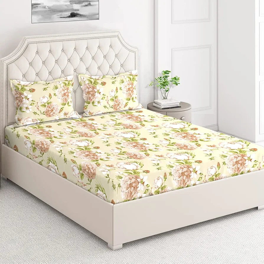 Layers Classic Cotton Bedsheet Set for All Seasons Lightweight 104 TC Queen Size Brown Floral Pattern