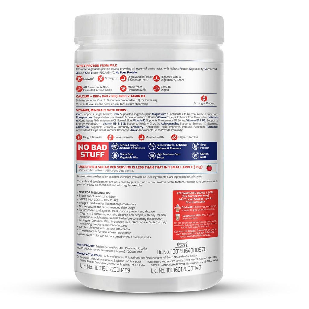 Gritzo SuperMilk Height+ (13+y Girls), 13g Protein Powder (Double Chocolate, 400g) | Zero Refined Sugar, 21 Vitamins & Minerals