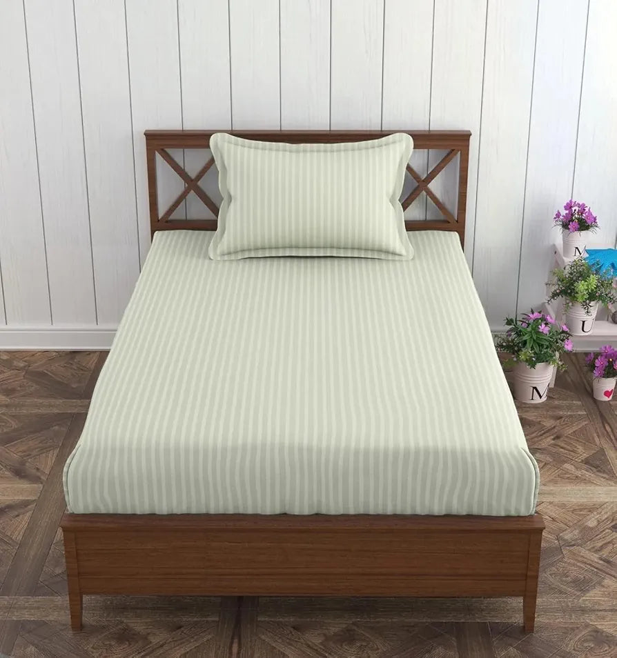 Trance Home Linen 100% Cotton 78x36 inch Single Fitted 200TC Satin Stripe Elastic Fitted Bedsheet with 1 Pillow Covers Colour Light Ivory Cream