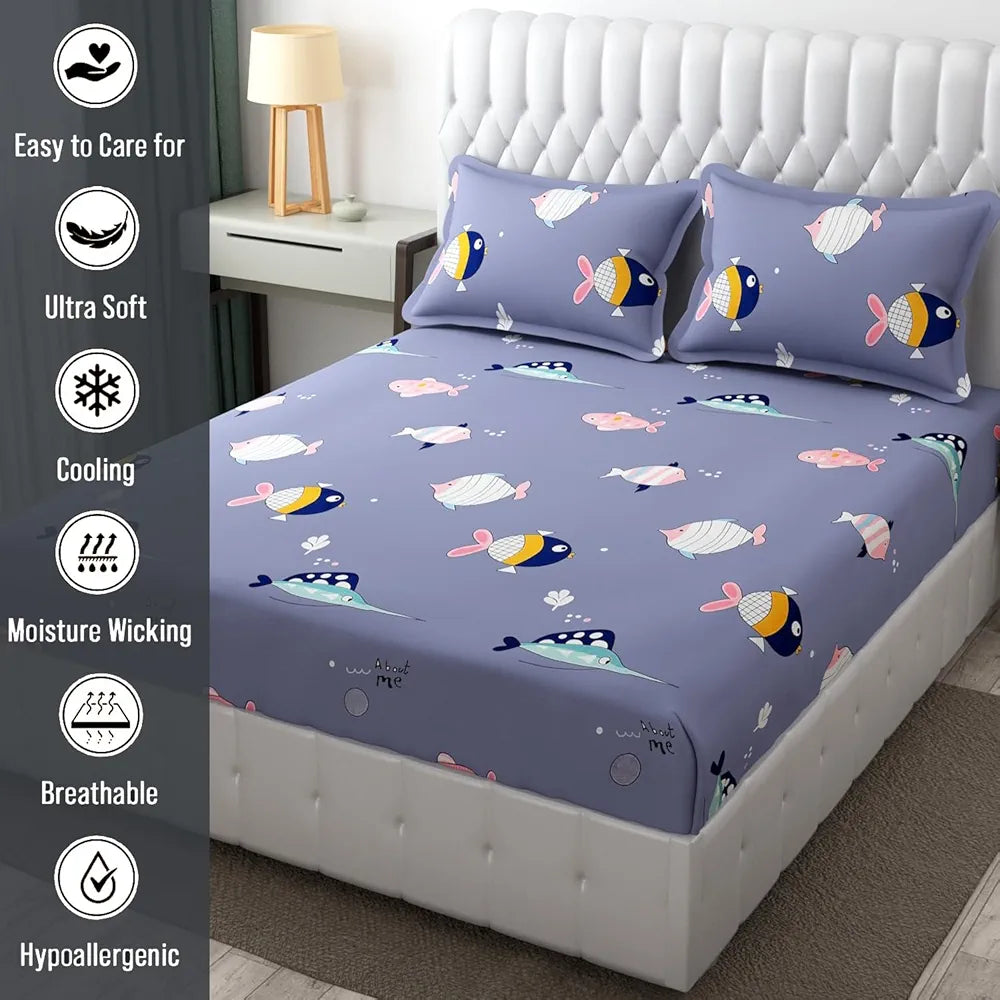 Fresh From Loom Elastic Fitted Cartoon Printed Bedsheets for Kids with 2 Pillow Fish Blue Double Bed 300 TC Grizzlies