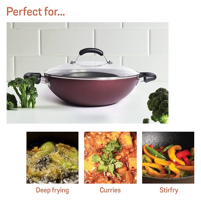 Meyer Merlot Aluminium Non-Stick Kadai | Kadhai with Glass Lid 30cm/ 4.31 Litre