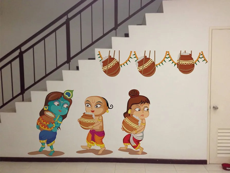 Rawpockets Decals Lord Krishna Carrying Butter Pot Wall Sticker