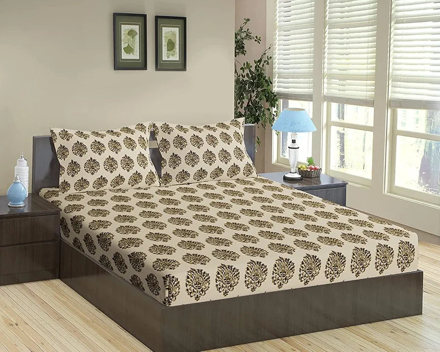 Trance Home Linen 200TC 100% Cotton 78"x36" Single Size Elastic Fitted Bedsheet Printed with 1 Pillow Cover Colour Damask Forest Green