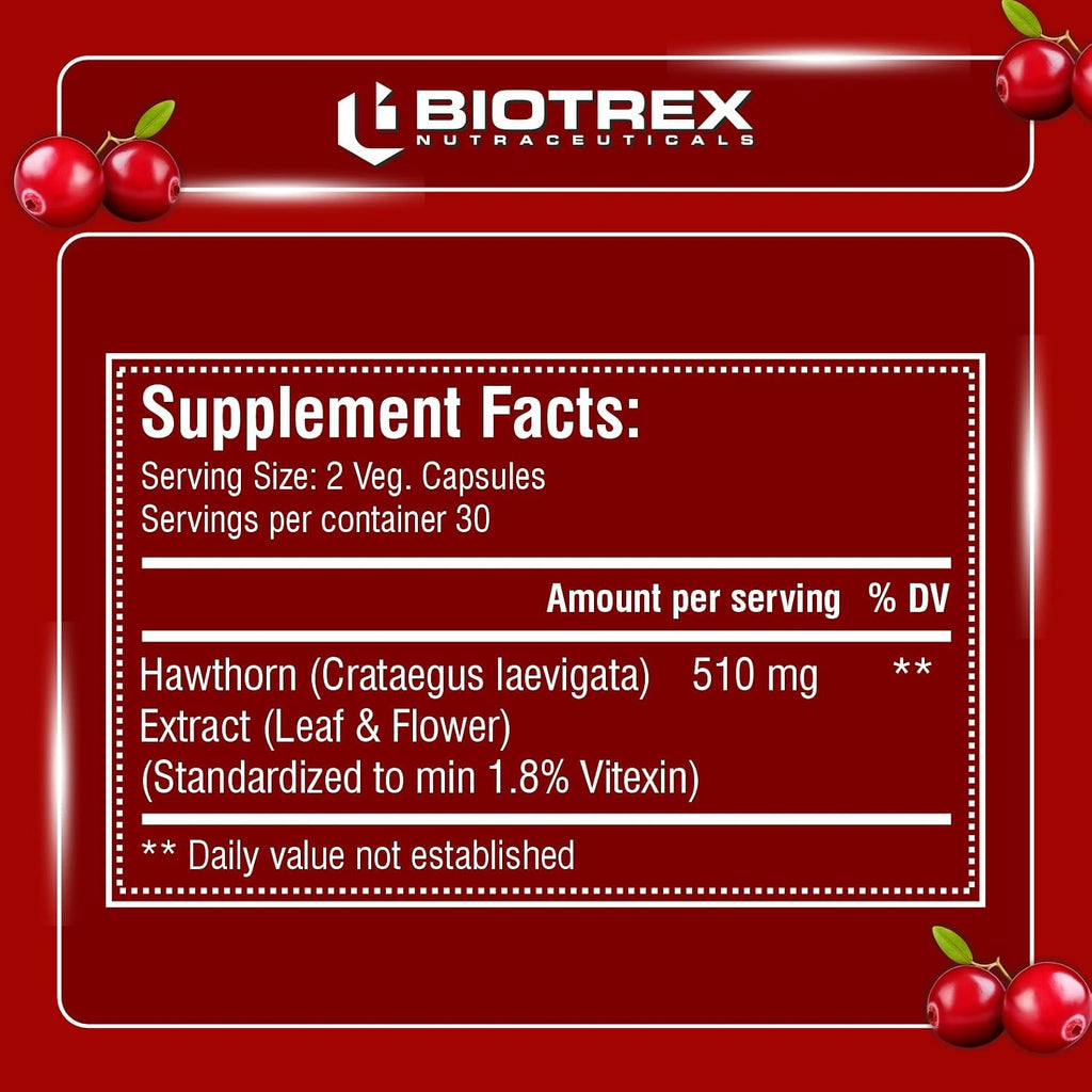 Biotrex Nutraceuticals Hawthorn Berry Supplement 510mg | Supports Cardiovascular Health | Powerful Antioxidant | Skin, Heart And Digestive Health | 60 Veg Capsules