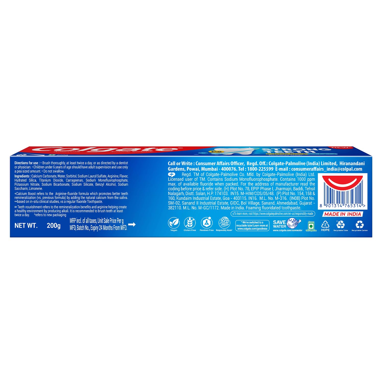 Colgate Strong Teeth Toothpaste with Amino Shakti for Cavity Protection - India's No.1 Toothpaste (200 g)