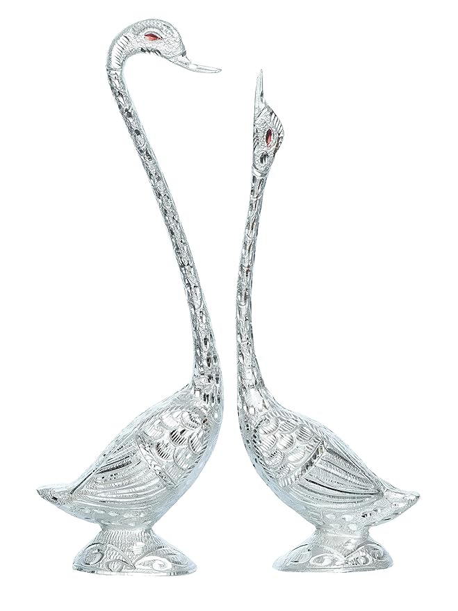 Ecraftindia Silver Metal Handcrafted Swan Couple Statues Love Birds Figurines Decorative Showpieces