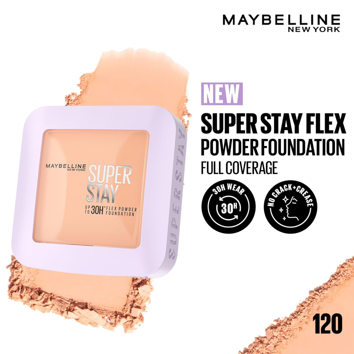 Maybelline New York Super Stay Flex Powder Foundation, 120 | 30H Wear, Oil-Control, Transfer Proof