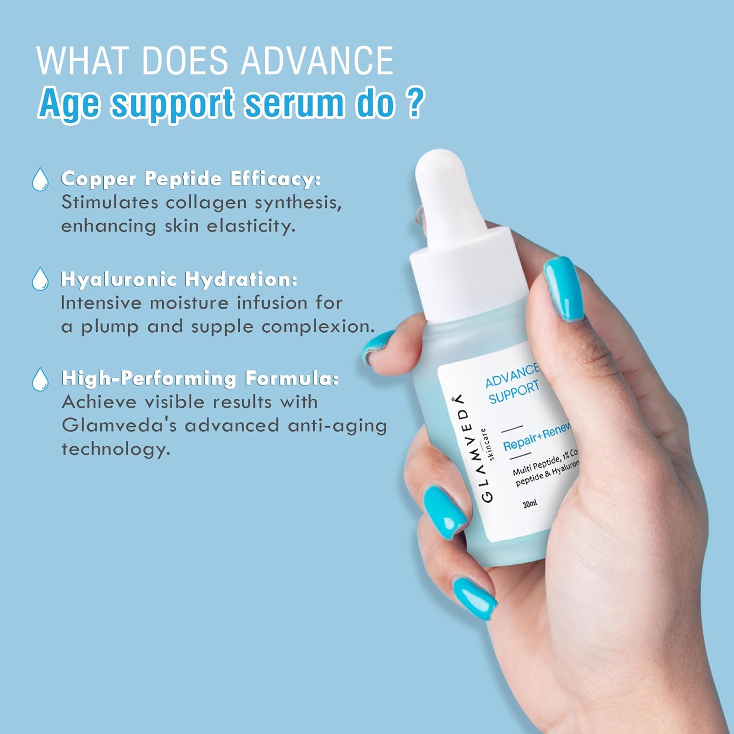 Glamveda 1% Copper peptide with Multi peptide & Hyaluronic acid Advance Age Support Face Serum | Reduces signs of ageing, Boosts collagen | Restores youthfull glow | All Skin Types