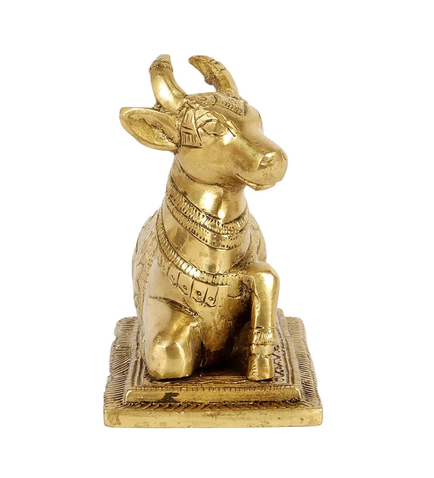 Two Moustaches Lotus Engraved 5 Inches Brass Nandi Cow Over Base