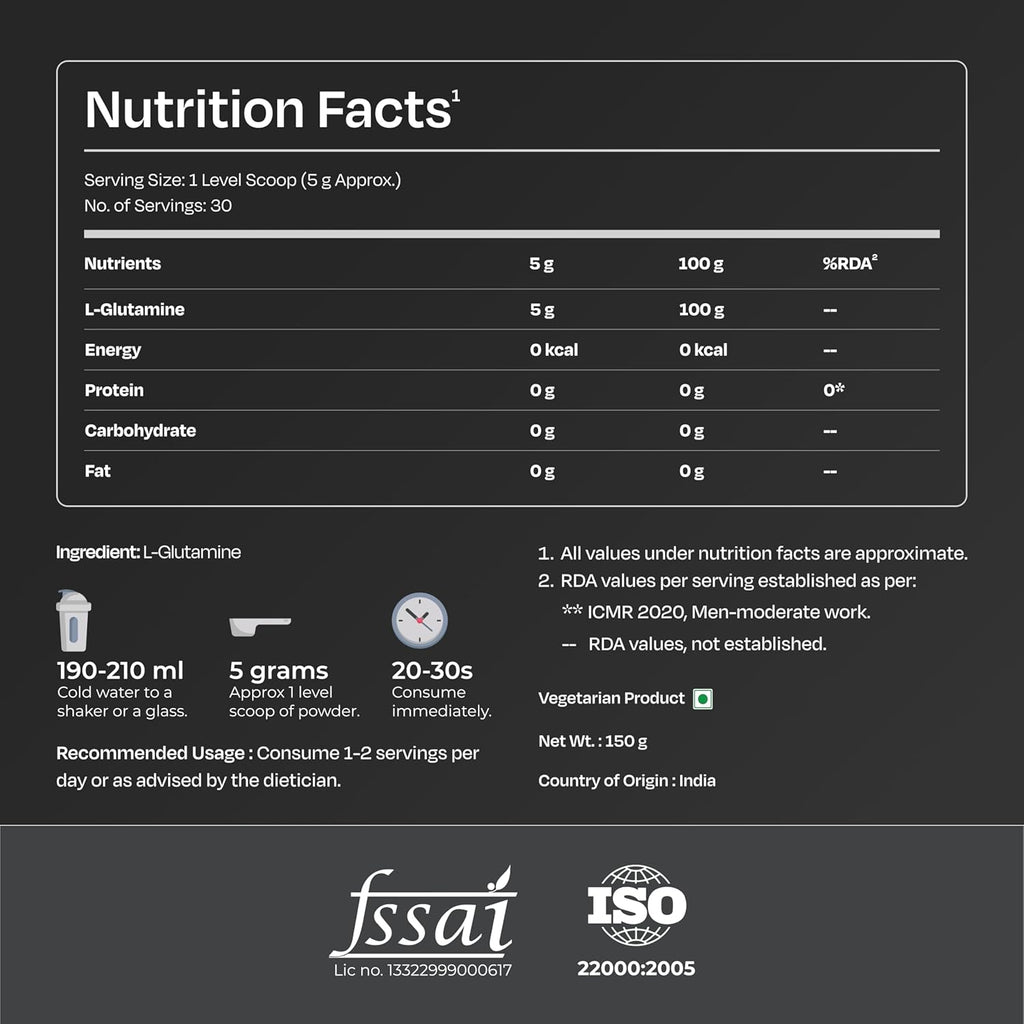 Nutrabay Pure L-Glutamine Powder 5000mg, Amino Acid - Post Workout Supplement for Muscle & Immunity Build Up - 150g, Unflavoured | 100% Authentic Supplement | No Banned Substances | Tested for Purity