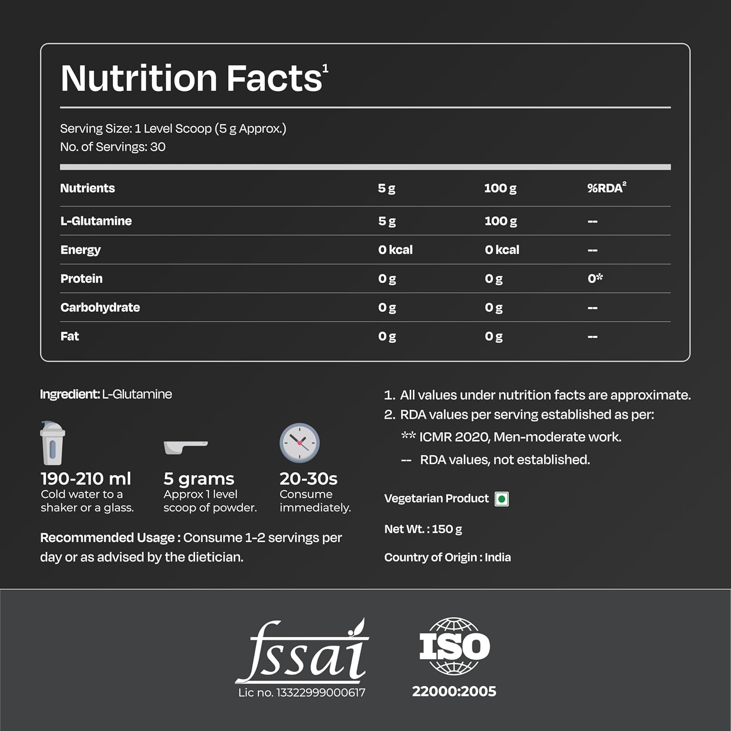 Nutrabay Pure L-Glutamine Powder 5000mg, Amino Acid - Post Workout Supplement for Muscle & Immunity Build Up - 150g, Unflavoured | 100% Authentic Supplement | No Banned Substances | Tested for Purity