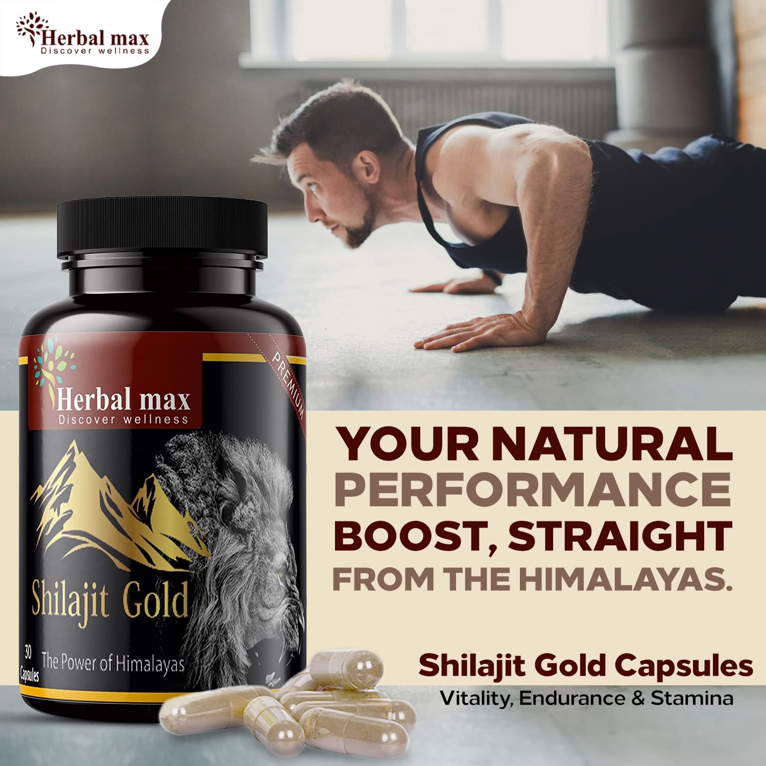 Herbal Max Himalayan Shilajit Gold â€“ 800mg | 30 Capsules | With Ashwagandha, Safed Musli & More | Boosts Strength, Stamina, Energy & Immunity | Ayurvedic Supplement for Men