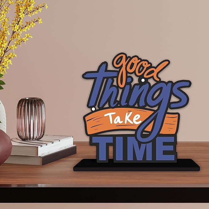 Artvibes Wooden Idols and Figurine Good Things Take Time Quotes Table Decoration for Office Desk | Home Decor | Living Room