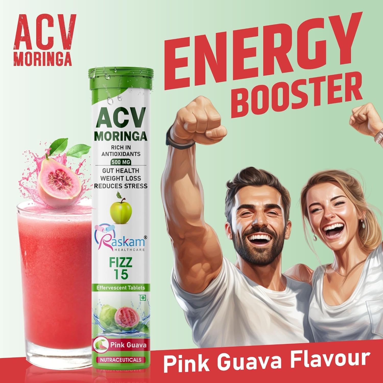Apple Cider Vinegar (ACV) Moringa | Master Your Appetite & Boost Immunity | Natural Energy with Antioxidants | No Added Sugar | Pink Guava Flavor | 15 Fizz Tablets (500mg) Pack of 1