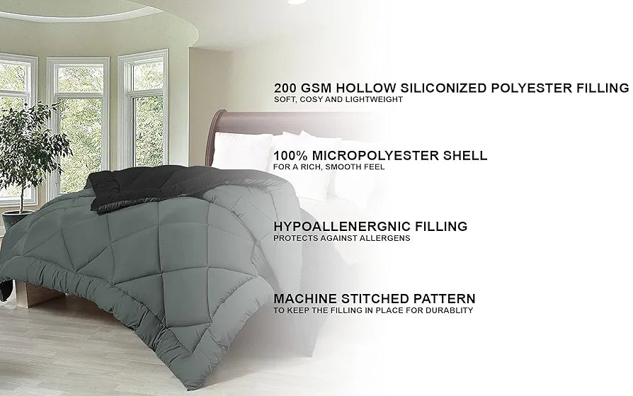 Cloth Fusion Reversible AC Comforter Set Double Bed Soft Microfibre King Size Quilt Blanket for Winter Black & Grey