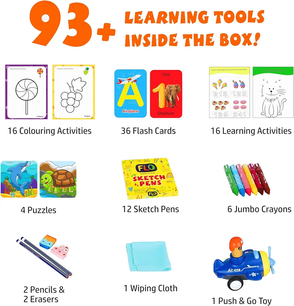 FLO Wisetree Level 1 Preschool Learning Activity Kit for Toddlers Age 5+ 93+ Early Learning Tools Birthday Gift Puzzle, Push-n-go Toy