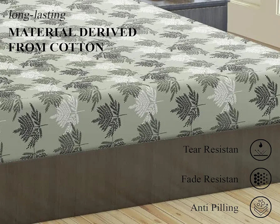 Trance Home Linen Pure 100% Cotton 144TC Printed Single Fitted Bedsheet with 1 Pillow Cover Colour Fern Paradise Green