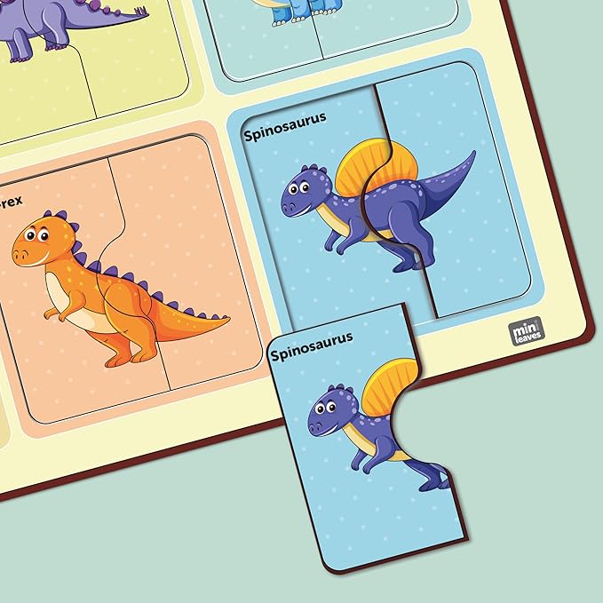 Mini Leaves 2 Piece Puzzle for Kids | Dinosaurs Jigsaw Puzzle | Set of 6 Wooden Puzzles for Kids | Educational Toys for Kids
